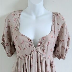 Saltwater Pink Bloom Floral Puff Sleeve Midi Dress M